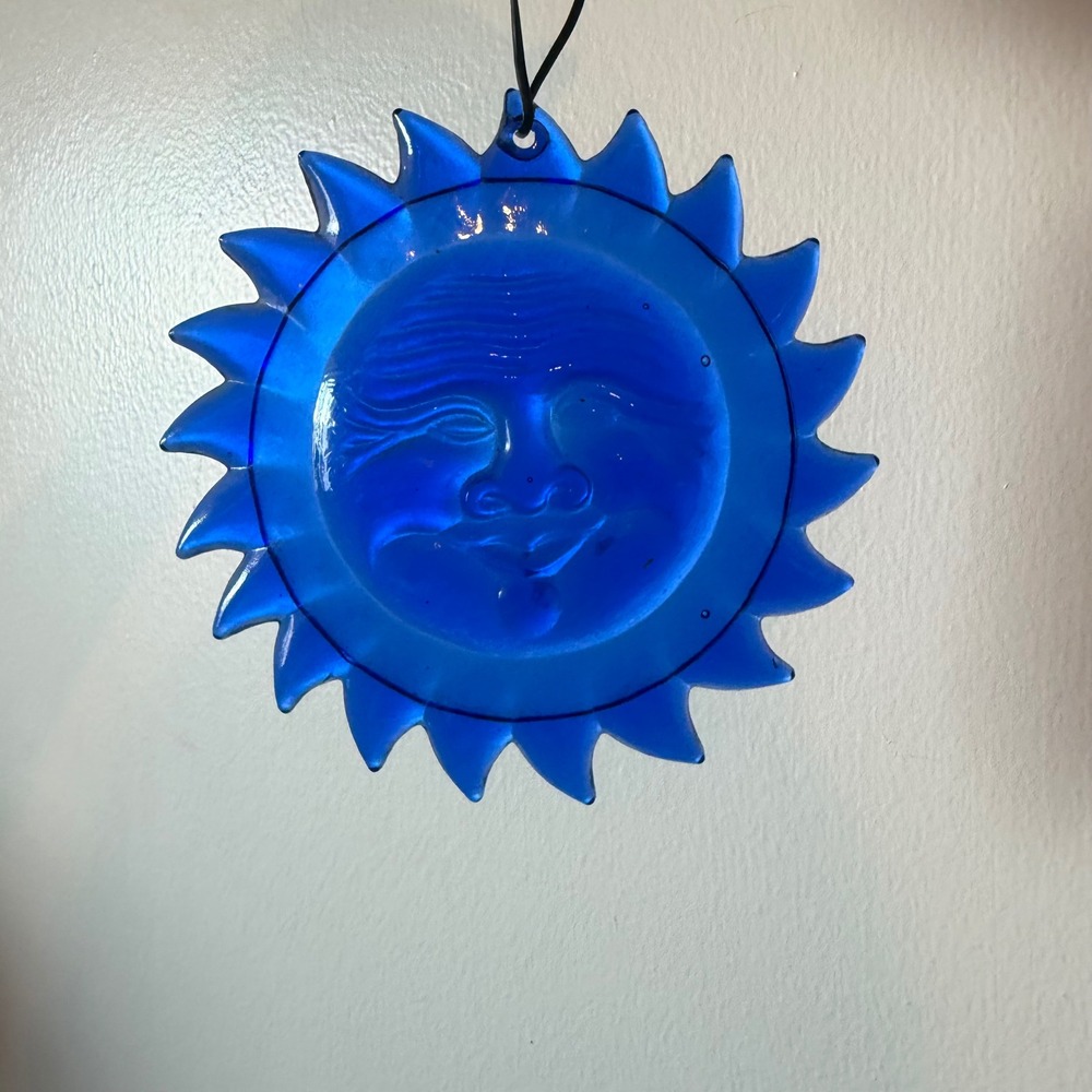 Cobalt Blue Glass Celestial Sun Face Suncatcher Hanging Window Decor Art